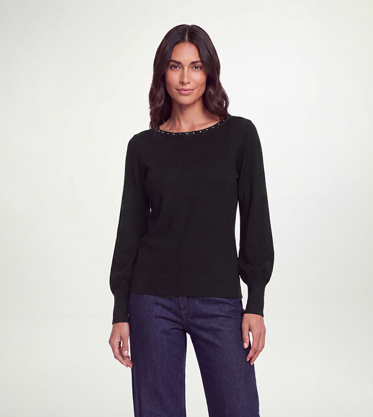Stud Detail Fine Crew Neck Knitted Sweater