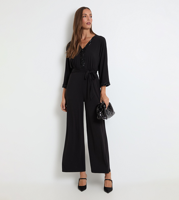 Sequined V-Neck Belted Jumpsuit
