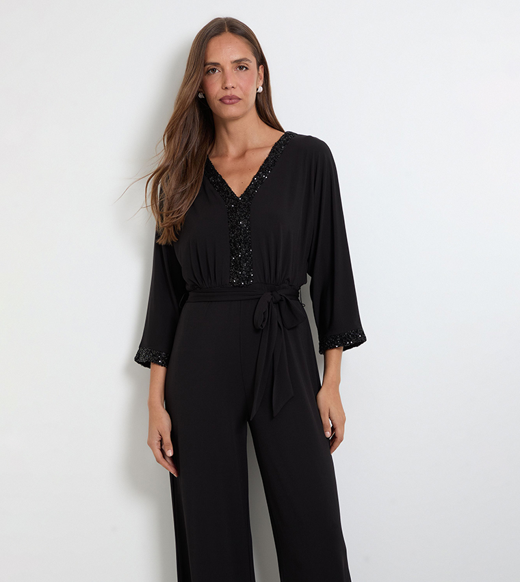 Sequined V-Neck Belted Jumpsuit