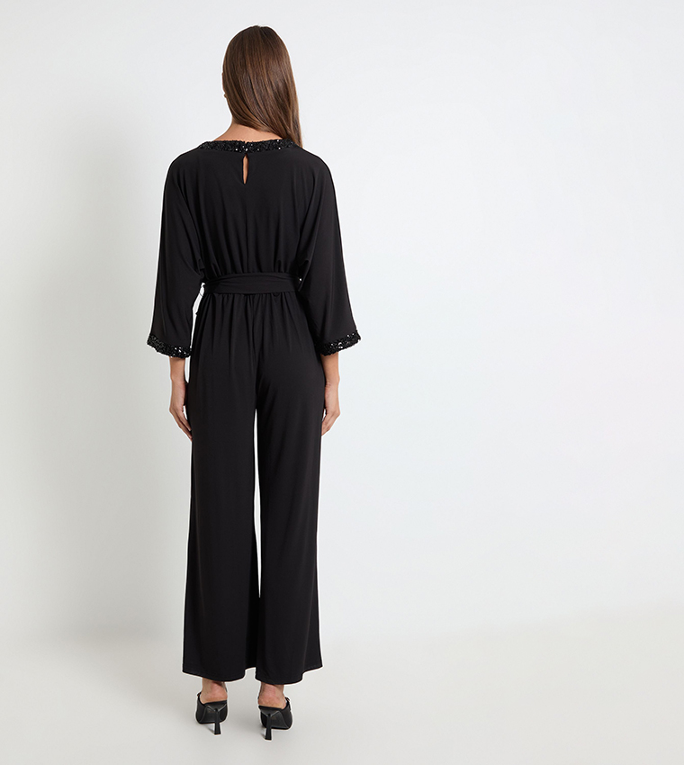 Sequined V-Neck Belted Jumpsuit