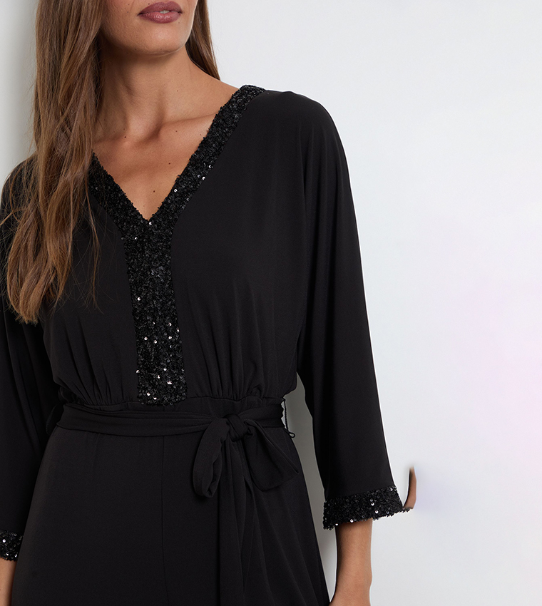 Sequined V-Neck Belted Jumpsuit