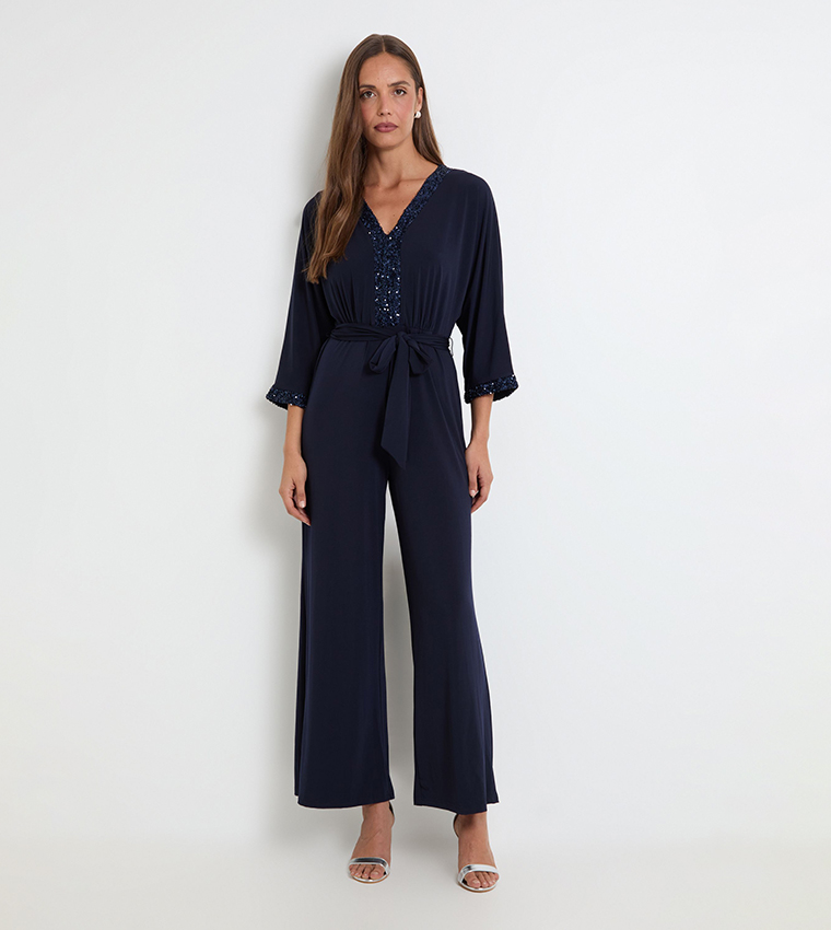 Sequined V-Neck Belted Jumpsuit