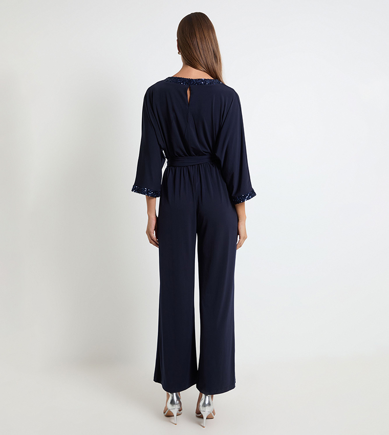 Sequined V-Neck Belted Jumpsuit