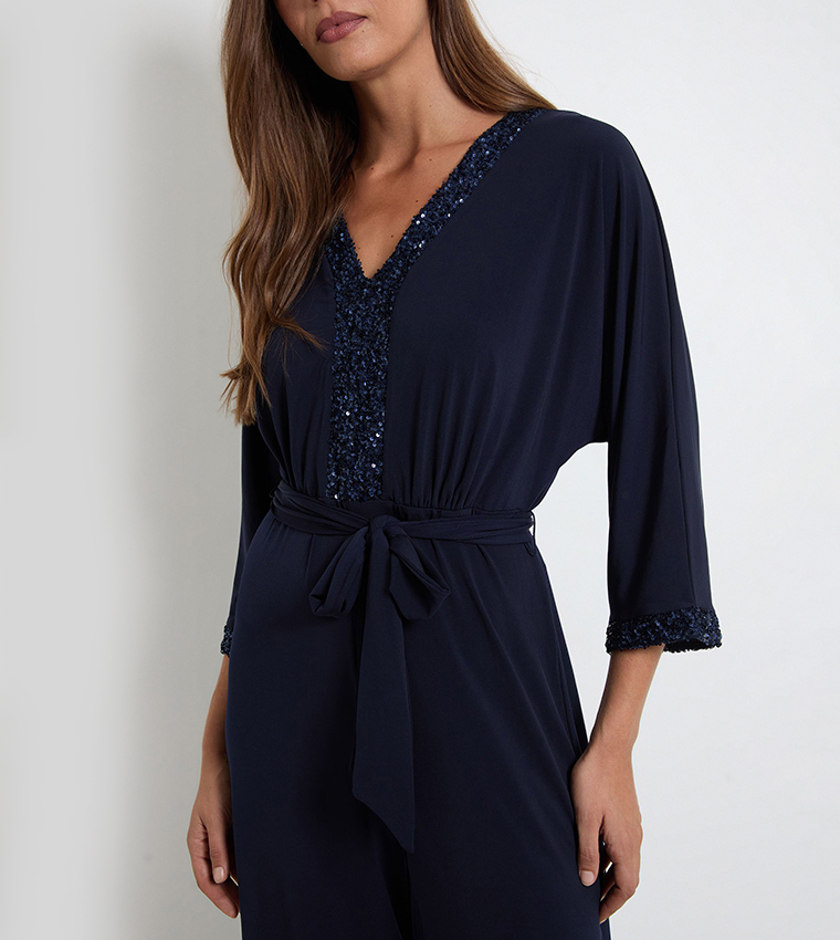 Sequined V-Neck Belted Jumpsuit