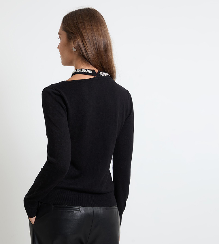 Embellished Neckline Crew Neck Sweater