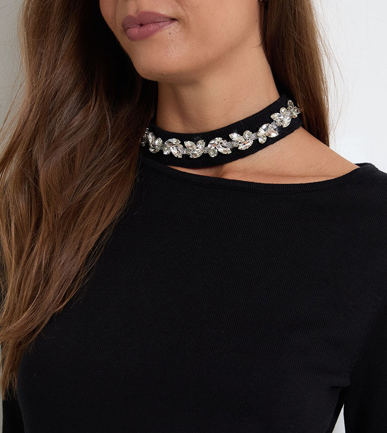Embellished Neckline Crew Neck Sweater