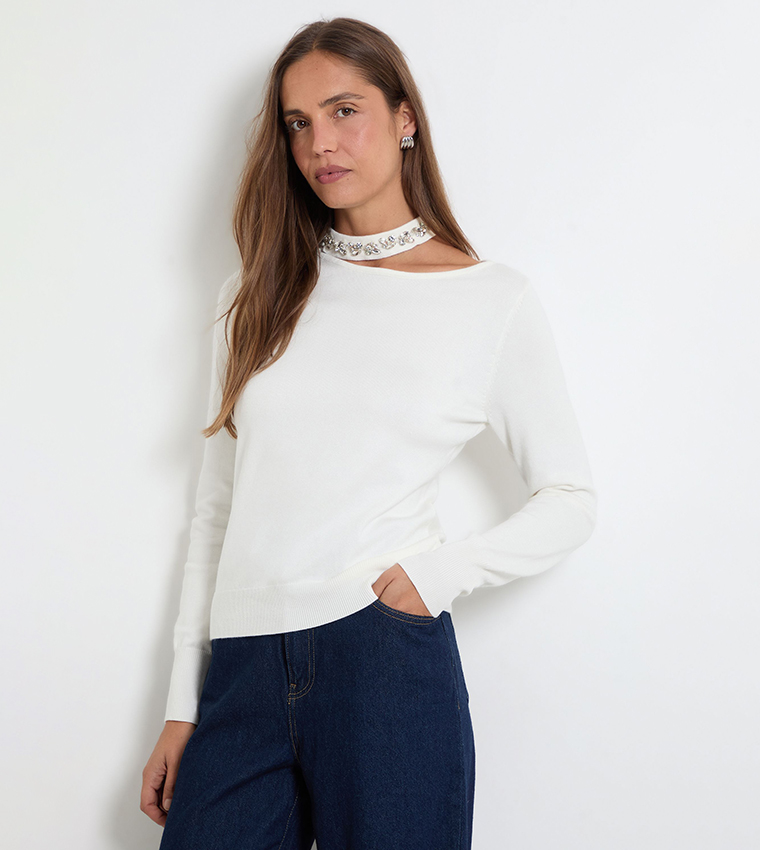Embellished Neckline Crew Neck Sweater