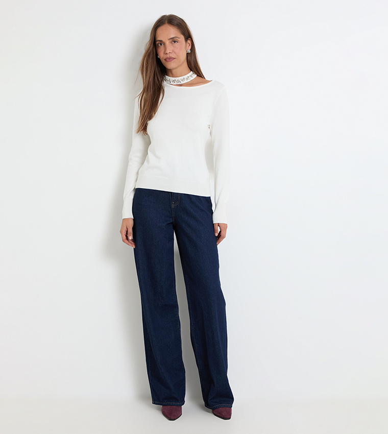 Embellished Neckline Crew Neck Sweater