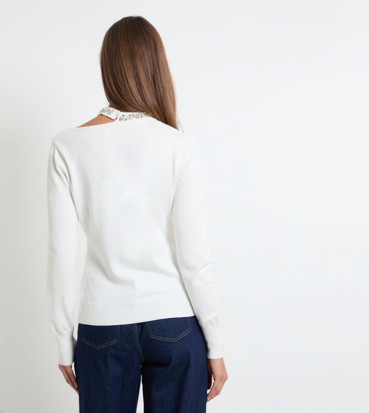 Embellished Neckline Crew Neck Sweater