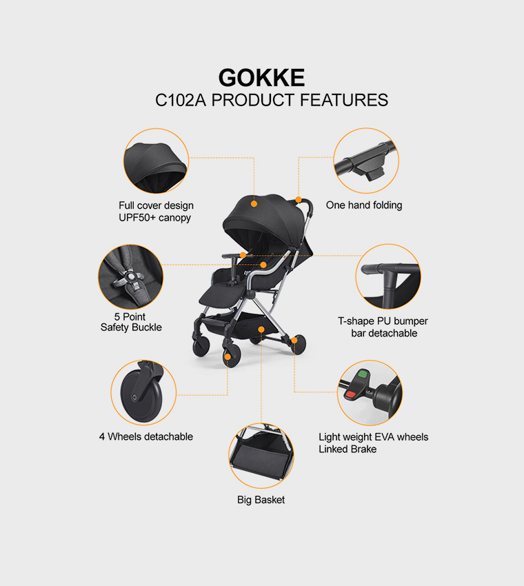 Compact Baby Stroller with 5 Point Safety Harness, Adjustable Handlebar, Suitable for Air Travel, 0-36 Months, Black - C102ABL