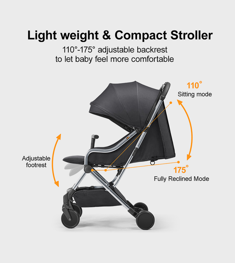 Compact Baby Stroller with 5 Point Safety Harness, Adjustable Handlebar, Suitable for Air Travel, 0-36 Months, Black - C102ABL