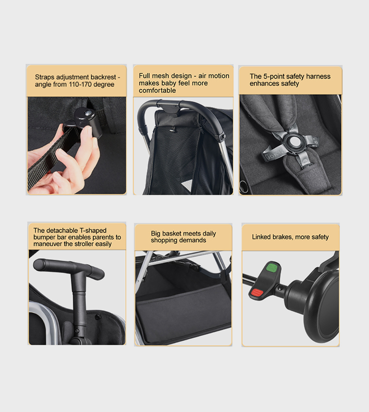 Compact Baby Stroller with 5 Point Safety Harness, Adjustable Handlebar, Suitable for Air Travel, 0-36 Months, Black - C102ABL