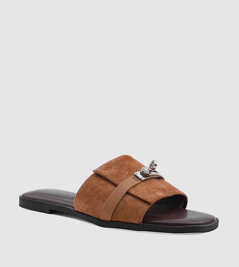 Metal Accent Open Toe Flat Sandals