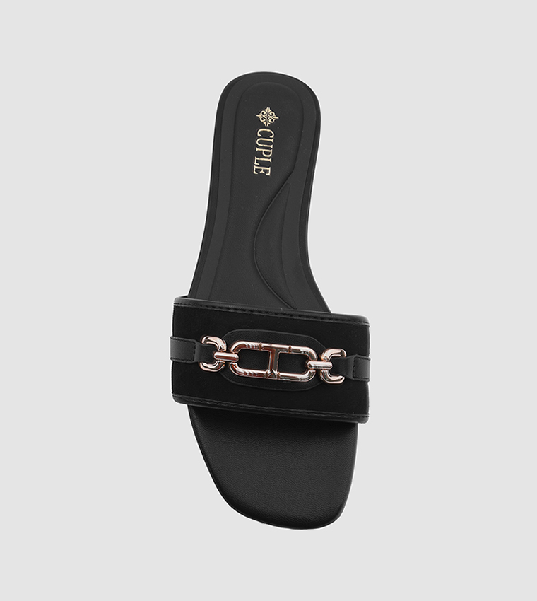 Metal Accent Open Toe Flat Sandals