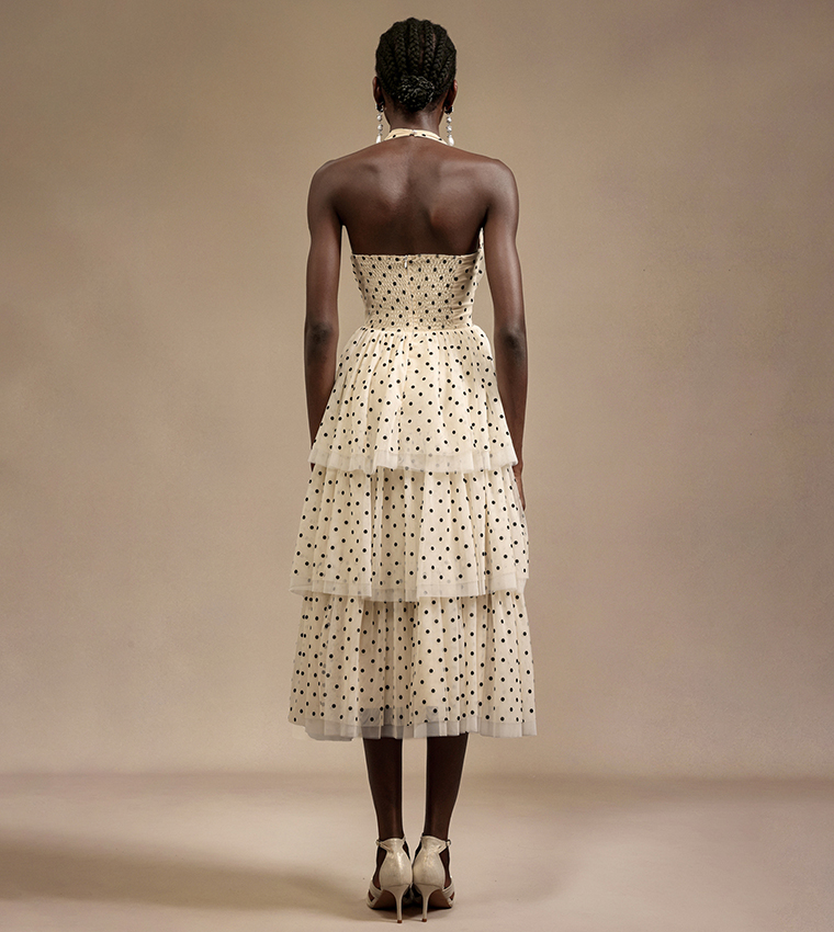 فستان ميدي منقط بدون كم بطبقات 