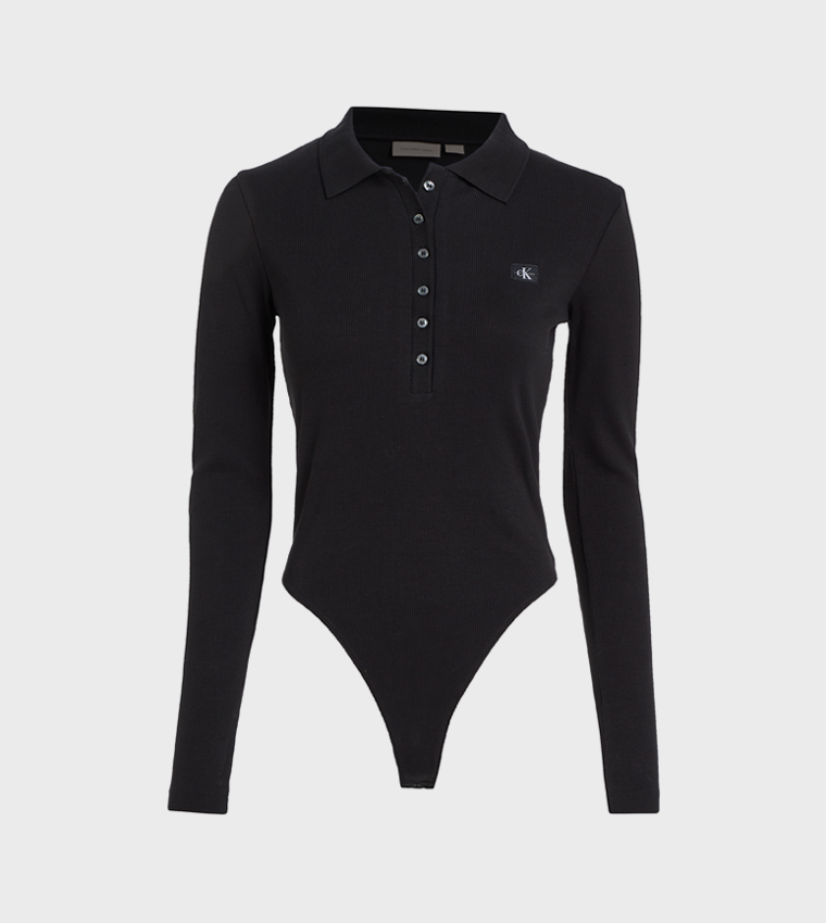 Ribbed Long Sleeves Polo Bodysuit