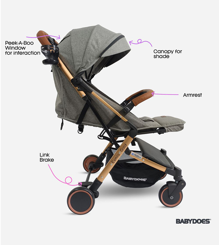 Esmio Gold Travel Lite 5-Point Harness Shock Proof Baby Stroller with A Golden Frame (Up To 20 Kg)