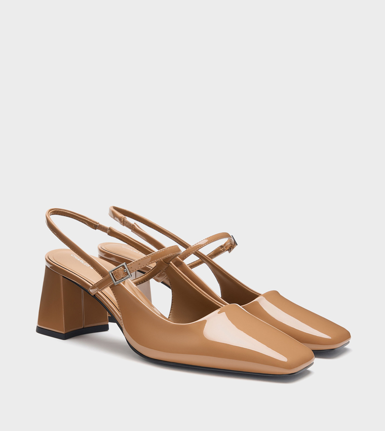 Patent Square Toe Slingback Pumps 