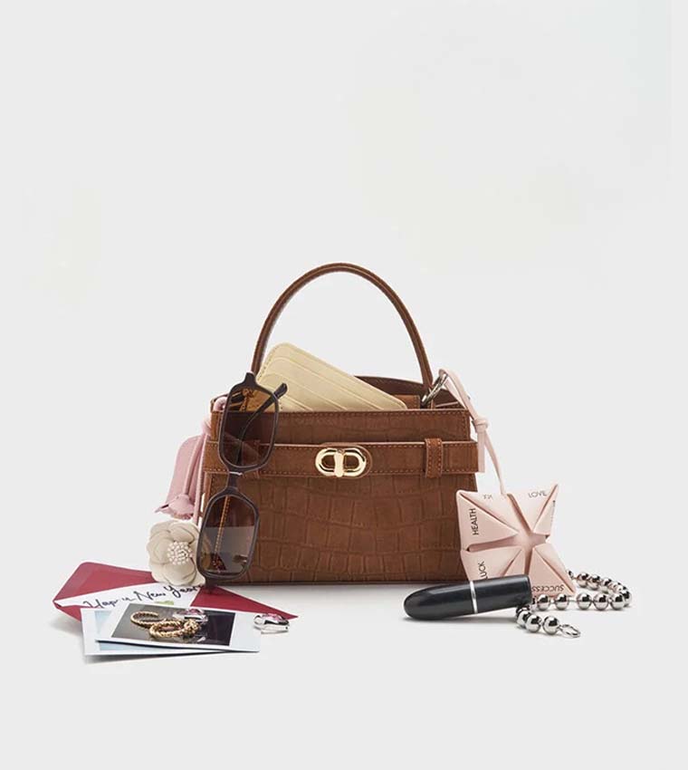 AUBRIELLE Croc-Effect Belted Top Handle Bag