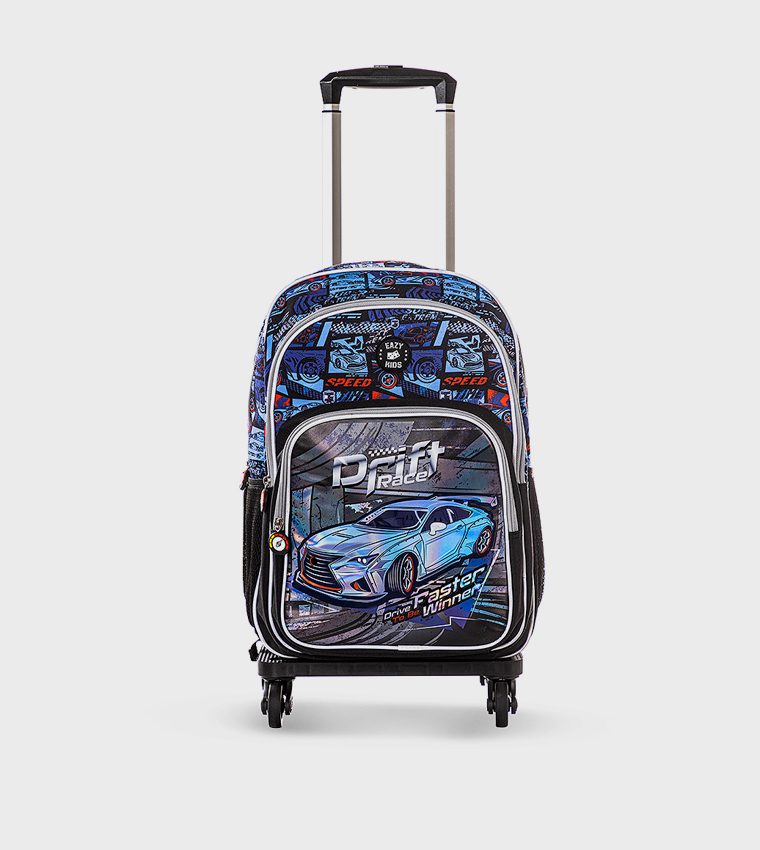 4-Piece Printed 18" 4 Wheel Trolley Backpack Set - Car Racing