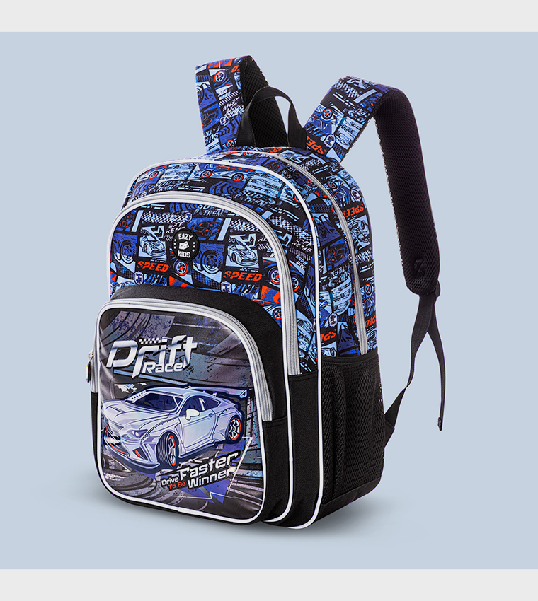 4-Piece Printed 18" 4 Wheel Trolley Backpack Set - Car Racing