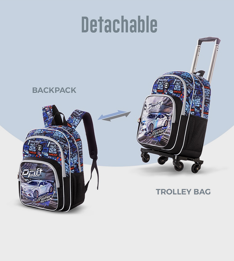 4-Piece Printed 18" 4 Wheel Trolley Backpack Set - Car Racing
