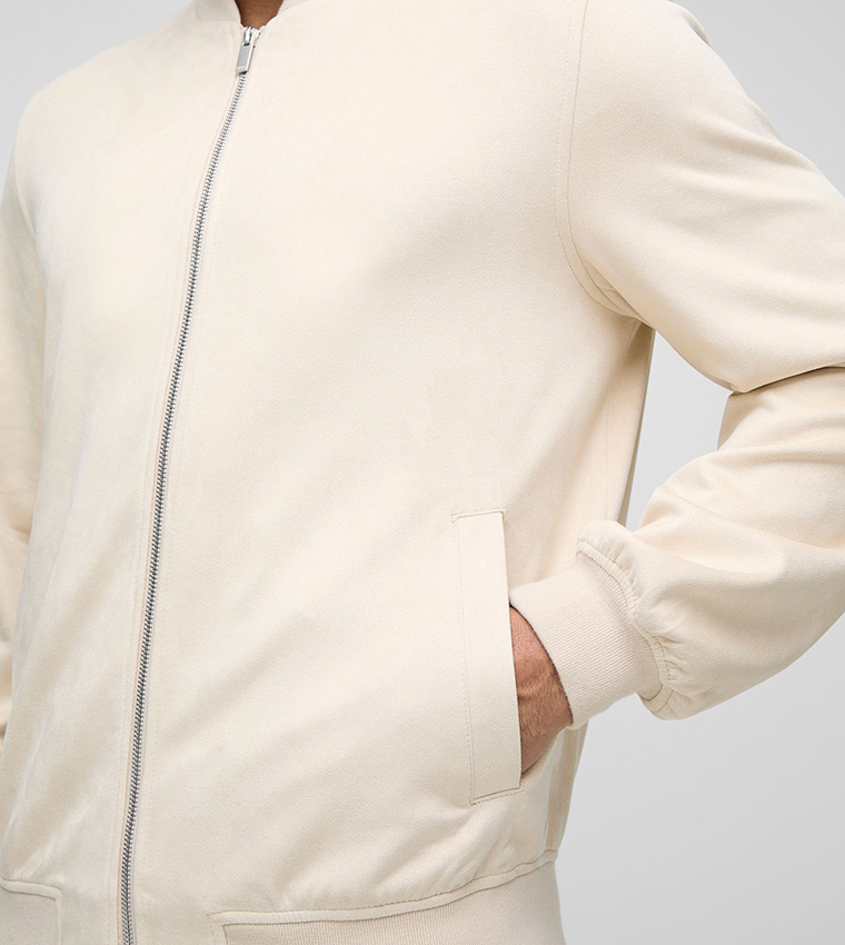 Faux Suede Regular Fit Bomber Jacket
