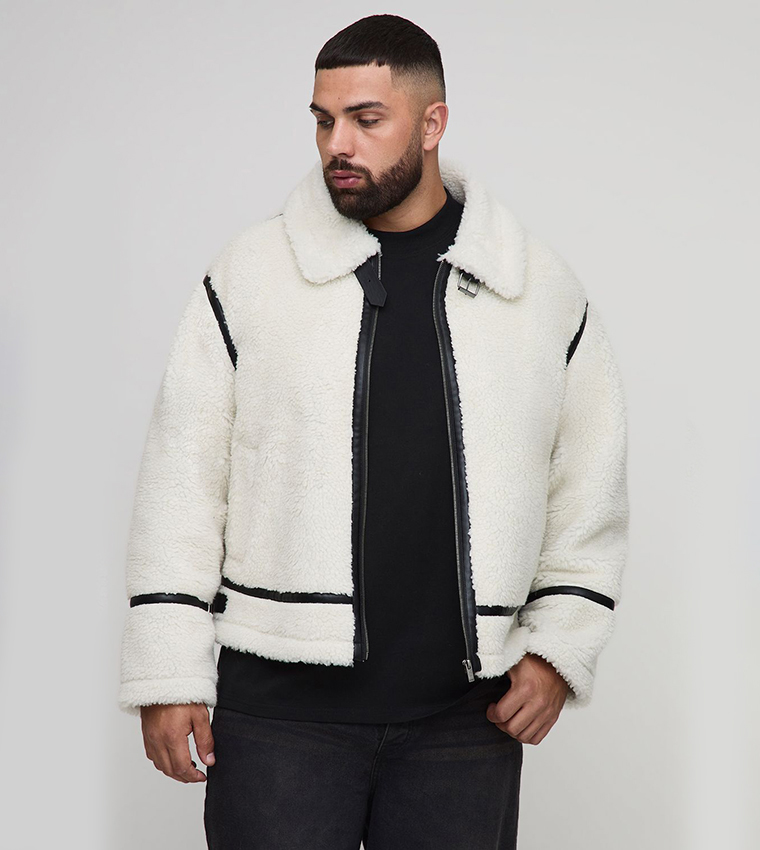 Plus & Tall Oversized PU Trim Borg Aviator Jacket