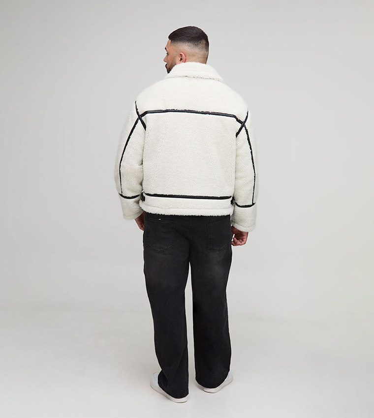 Plus & Tall Oversized PU Trim Borg Aviator Jacket