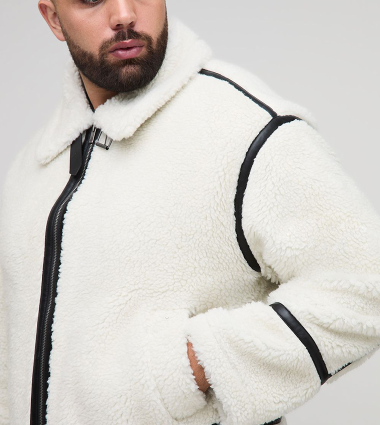 Plus & Tall Oversized PU Trim Borg Aviator Jacket