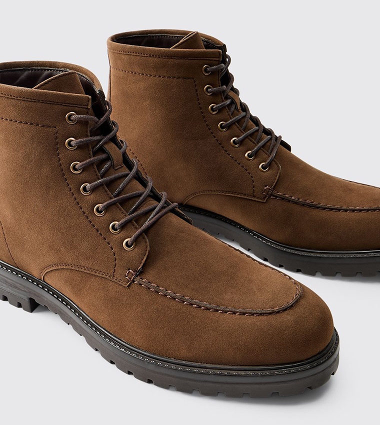Faux Suede Track Sole Lace Up Boots