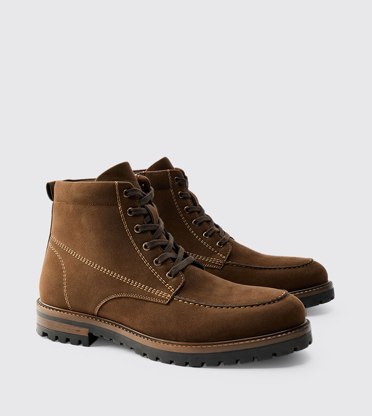 Faux Suede Contrast Stitching Lace Up Boots