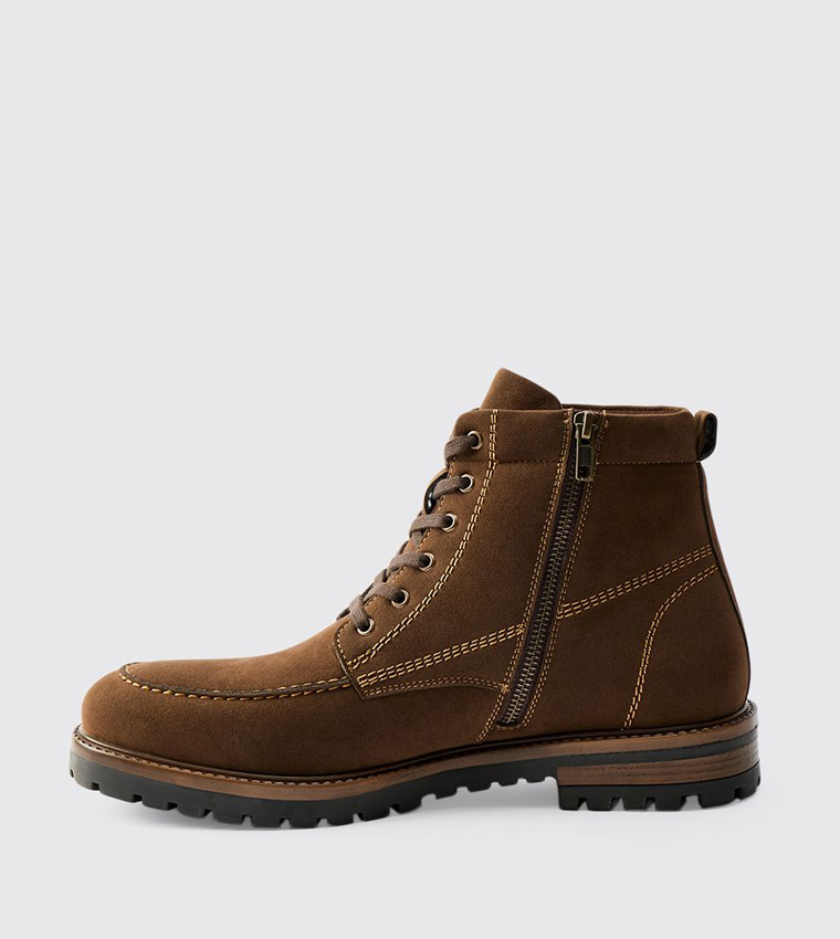 Faux Suede Contrast Stitching Lace Up Boots