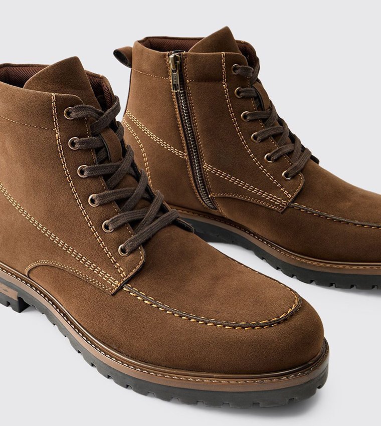 Faux Suede Contrast Stitching Lace Up Boots