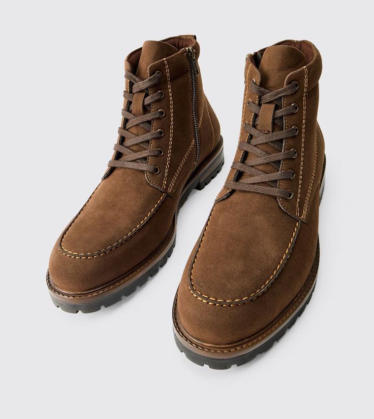 Faux Suede Contrast Stitching Lace Up Boots