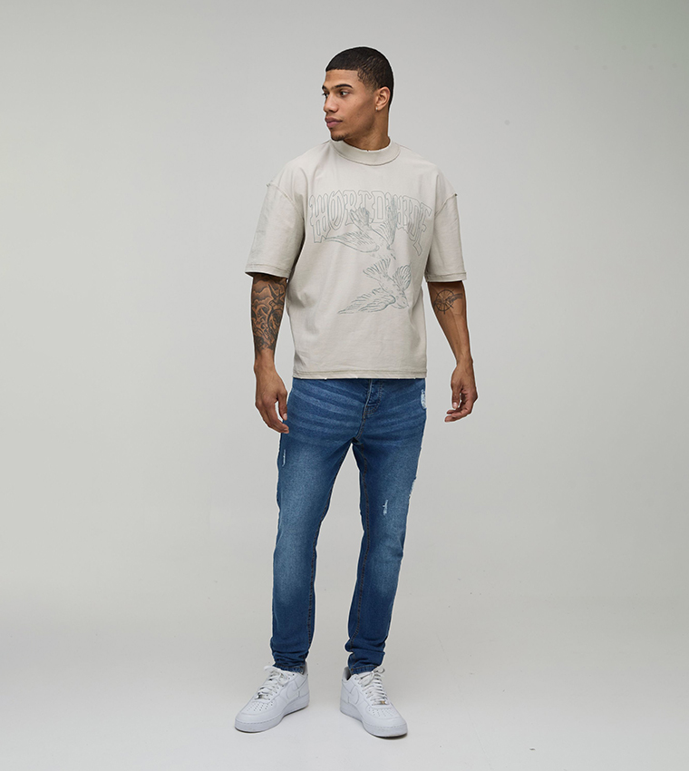 Washed Stretch Distressed Ripped Skinny Fit Jeans