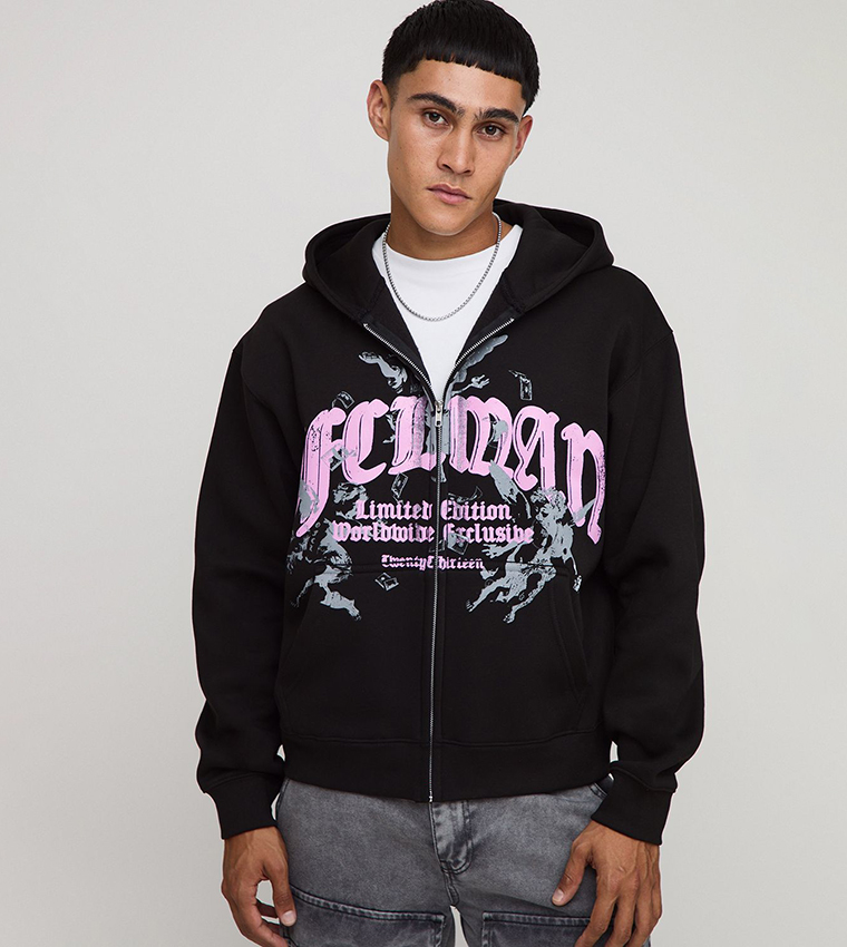Zip Through Printed Oversized Hooded Jacket