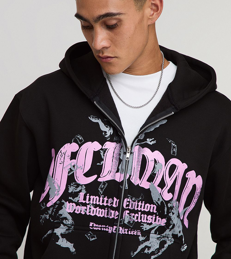 Zip Through Printed Oversized Hooded Jacket