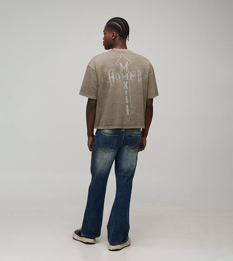 Washed Western Panel Straight Fit Flared Jeans