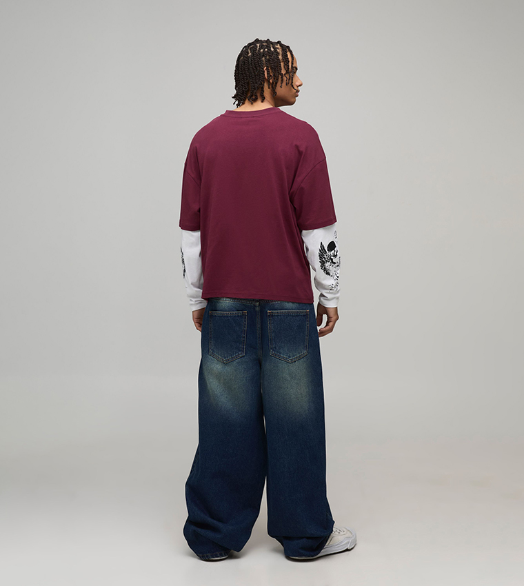 Tape Effect Crotch Print Baggy Fit Jeans