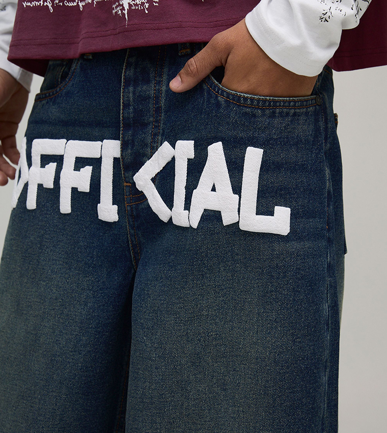 Tape Effect Crotch Print Baggy Fit Jeans