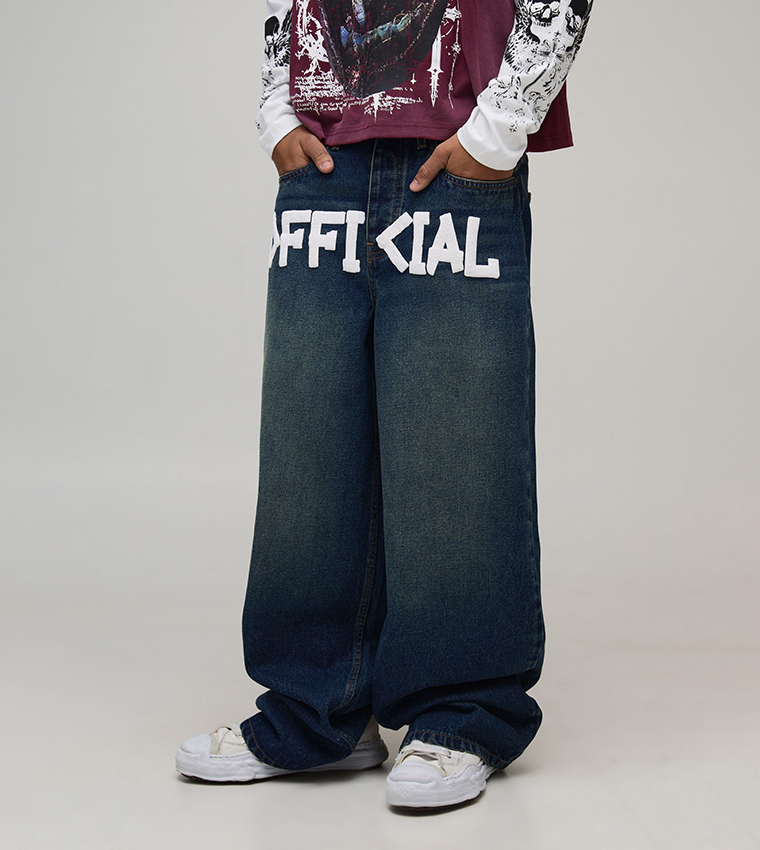 Tape Effect Crotch Print Baggy Fit Jeans