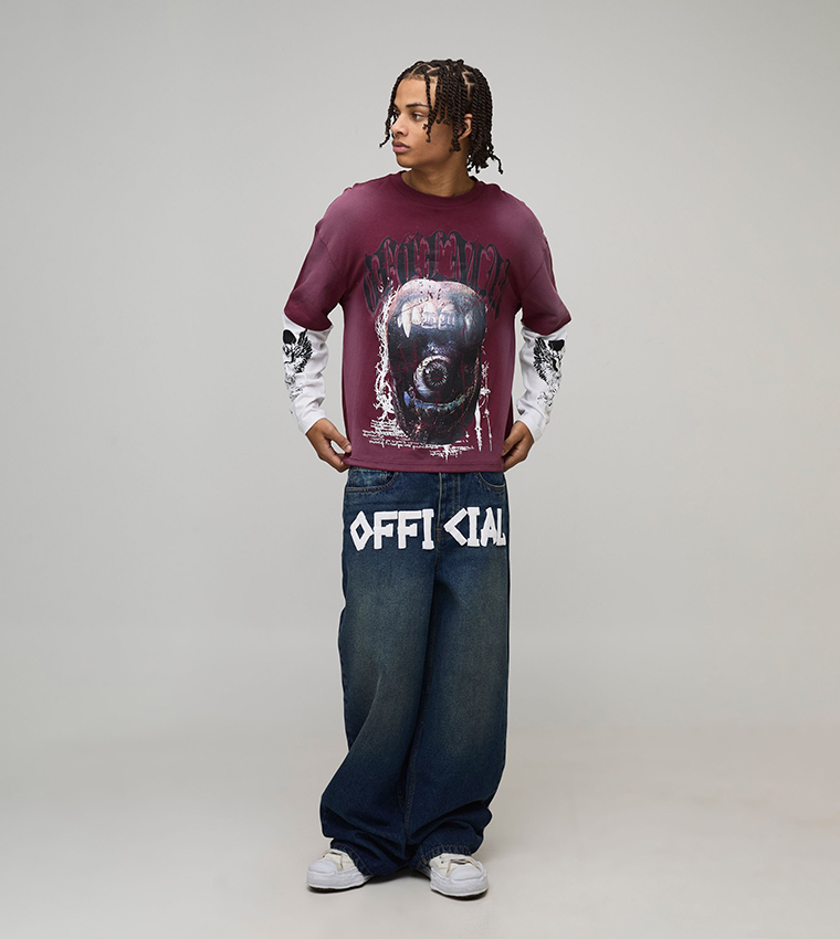 Tape Effect Crotch Print Baggy Fit Jeans