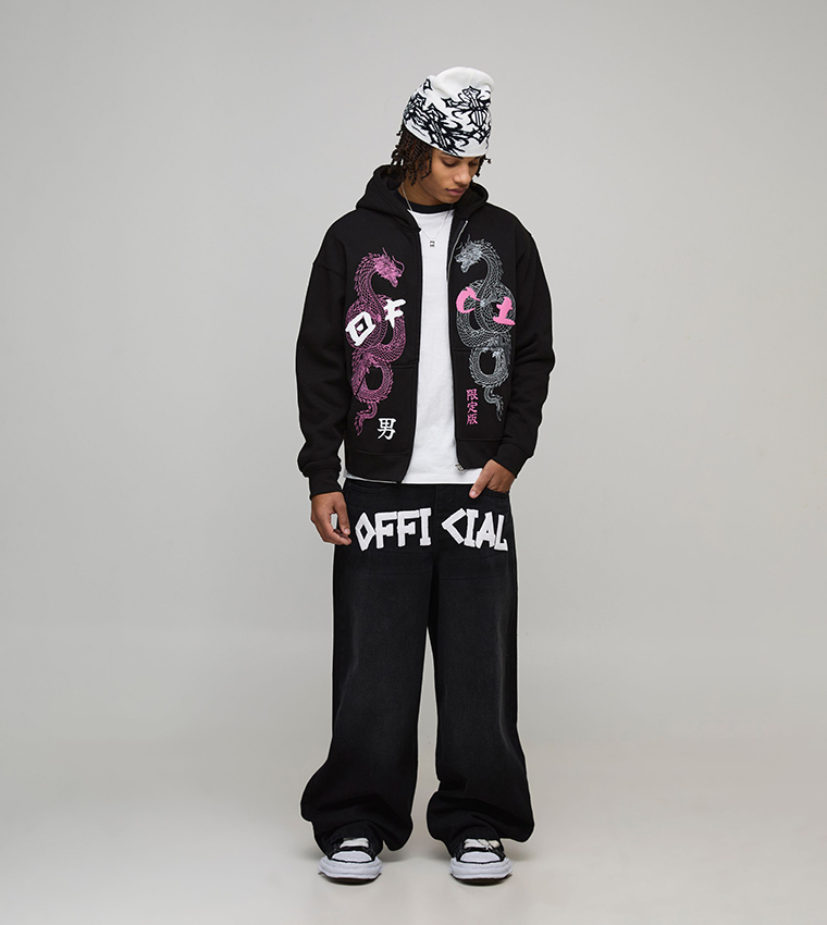 Tape Effect Crotch Print Baggy Fit Jeans