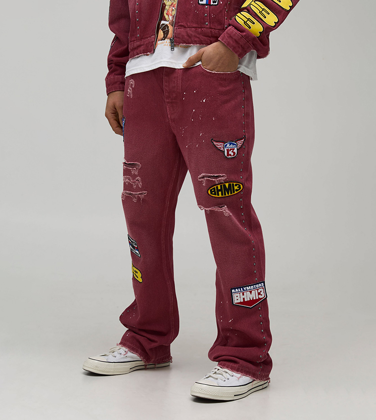 Moto Badge Washed Slim Fit Flared Jeans