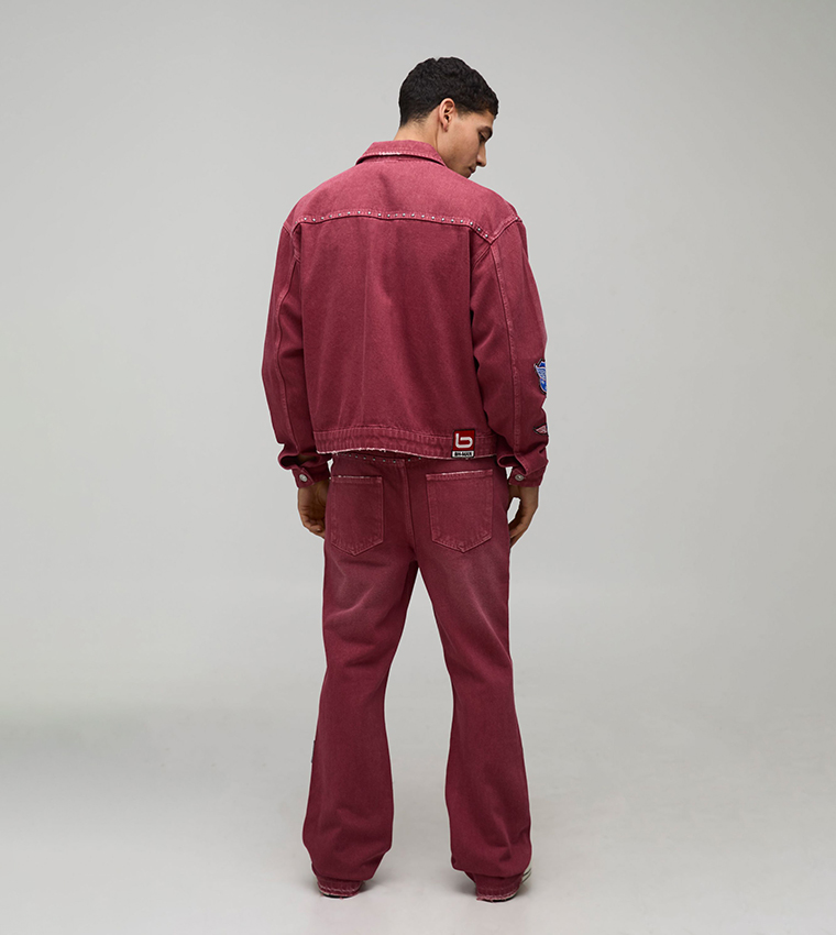 Moto Badge Washed Slim Fit Flared Jeans