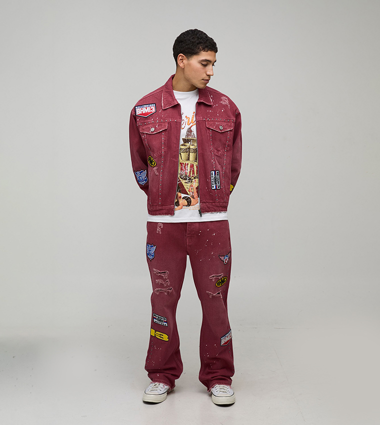 Moto Badge Washed Slim Fit Flared Jeans