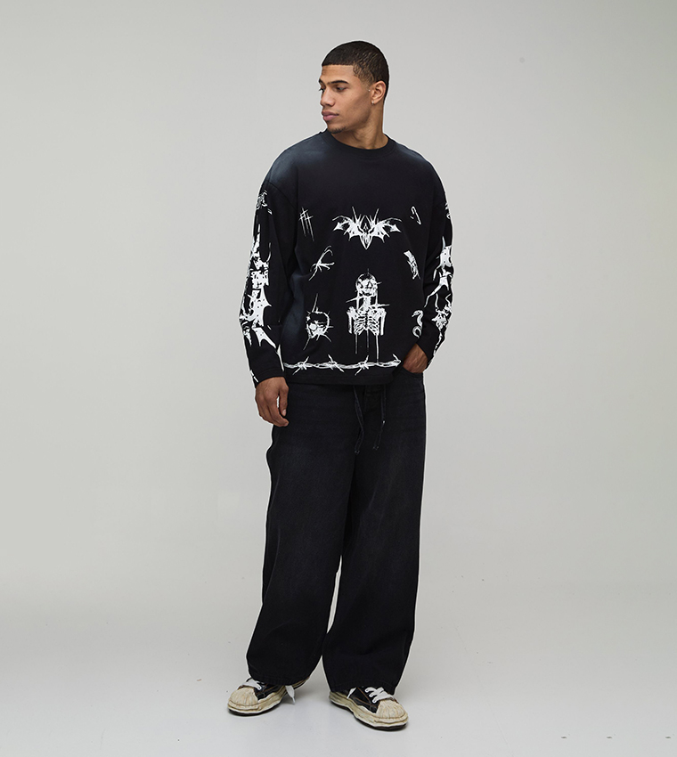 Drawcord Stonewash Baggy Fit Jeans