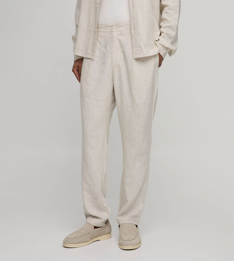 بنطلون مزيج لينن ضيق سادة بخصر نصف مرن