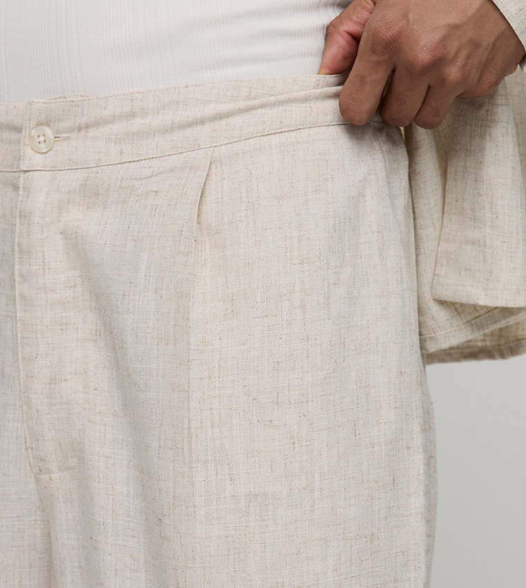 بنطلون مزيج لينن ضيق سادة بخصر نصف مرن